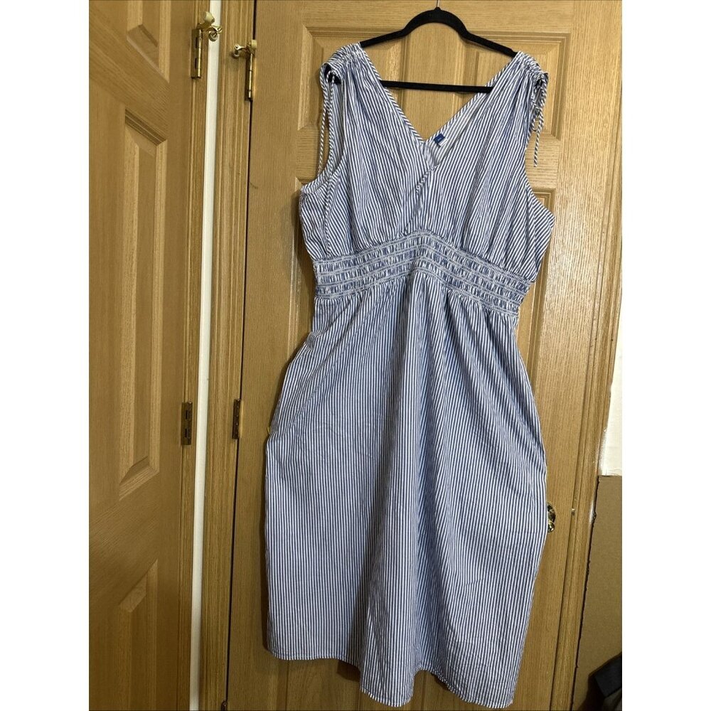 Old Navy Womens XXL Blue White Striped Sleeveless Midi Dress Smocked Waist